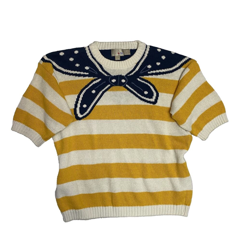 Striped Short-Sleeve Sweater with Navy Bandana Yoke - Yellow/White
